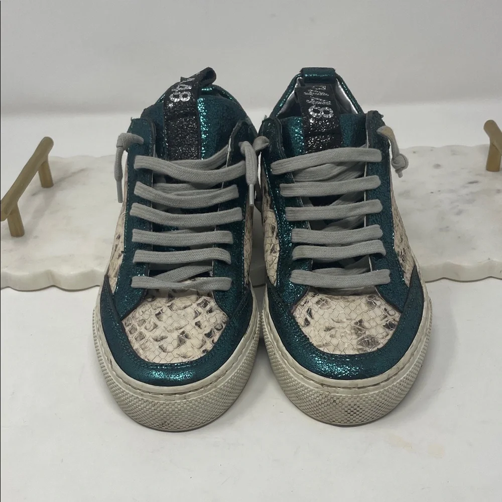 P448 Metallic Teal Snakeskin Accent Lace Sneakers Size 6
